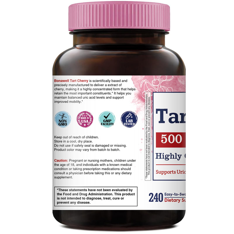 Tart Cherry Capsule, 500mg Extract Per Capsule, 240 Capsules | Made from Montmorency Tart Cherries, Powerful Uric Acid Cleanse, Antioxidant Support, 2 Month Supply 240 Count (Pack of 1)