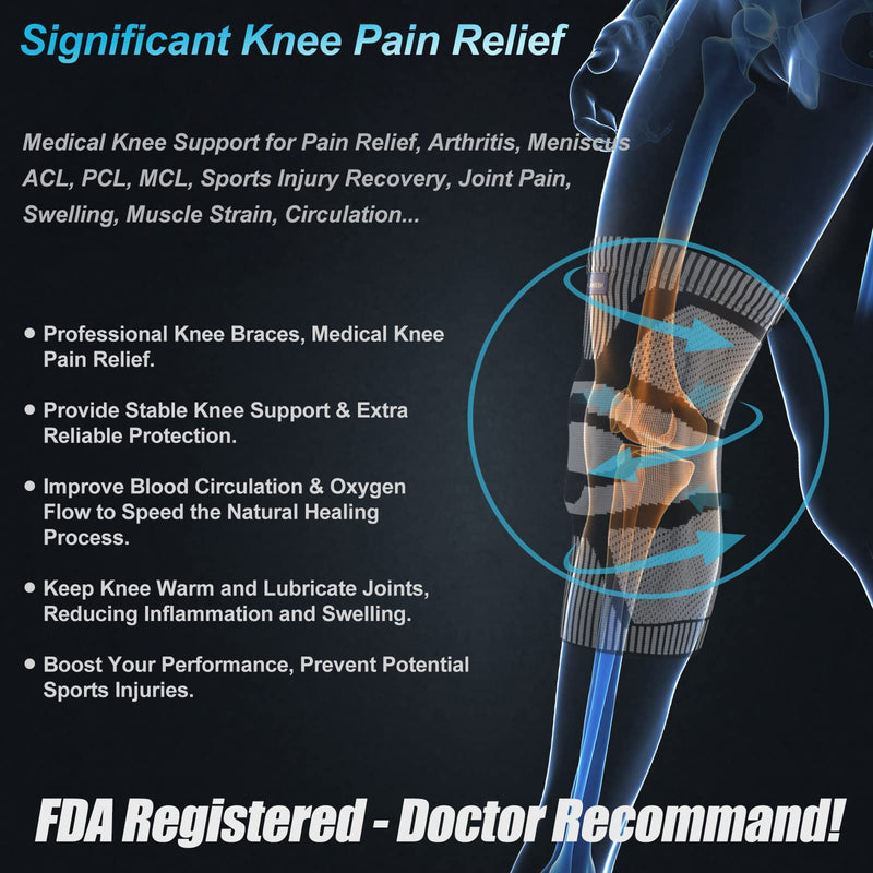 NEENCA Knee Brace for Knee Pain Relief, Medical Knee Support with Patella Pad & Side Stabilizers, Compression Knee Sleeve for Meniscus Tear, ACL, Arthritis, Joint Pain, Runner, Sport- FSA/HSA APPROVED Large Black-Gray