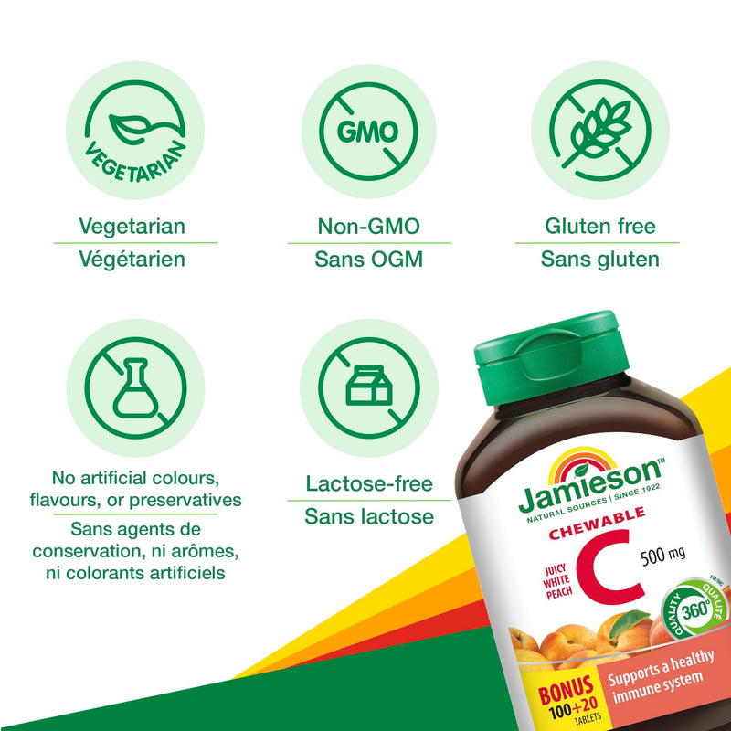 Jamieson Vitamin C Chewables 500 mg - Juicy White Peach Flavour, 120 Tablets