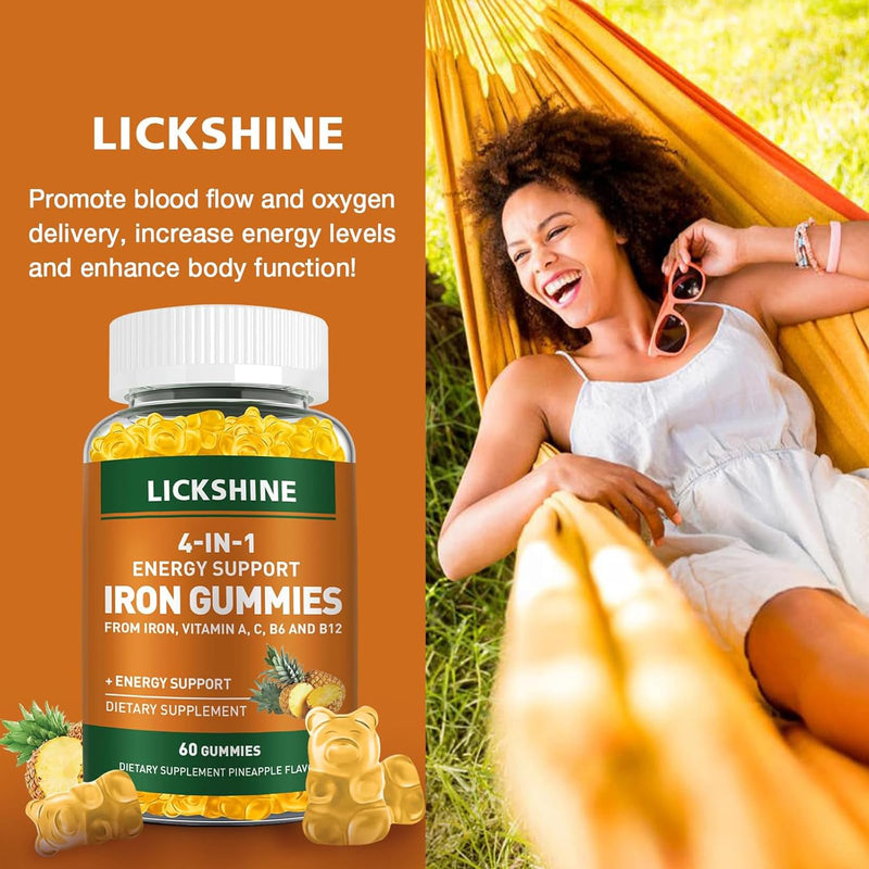 lickshine 2 Pack Vegan 100MG Iron Supplement Gummies for Women & Men - with Vitamin C, A, B for Adults & Kids - Energy Support for Iron Deficiency, Anemia - Pineapple Flavor (120 Ct) 60 Count (Pack of 2)
