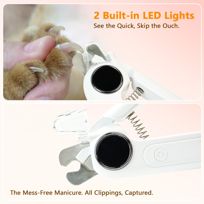 2-in-1 Dog Nail Clippers with Light & Digital Display – Upgraded Pet Nail Grinder, Safety Guard, USB Rechargeable Catcher for Cats and Dogs, Low Noise & Painless Trimming (White)