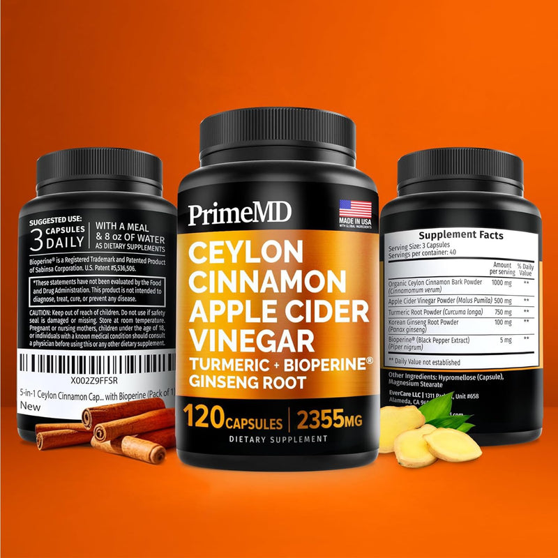 5-in-1 Ceylon Cinnamon Capsules 2355mg - Ceylon Cinnamon and Apple Cider Vinegar Capsules - Turmeric and Panax Ginseng Capsules - Cinnamon Supplements with Bioperine (120 Count(Pack of 2)) 120 Count (Pack of 2) - BeesActive Australia