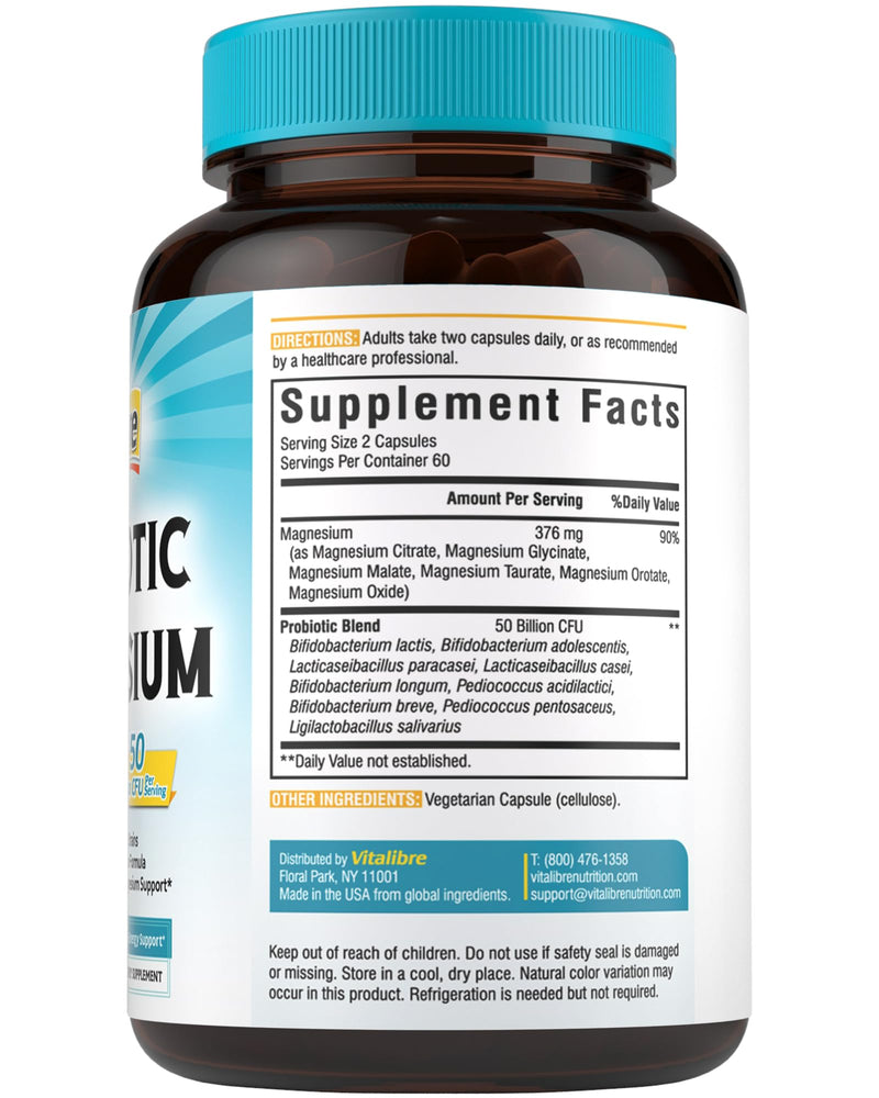 Vitalibre Probiotic with Magnesium Complex for Women Men, 50 Billion CFU, 9 Strains, Magnesium Glycinate Citrate Malate for Digestion, Immunity, Bone, Energy & Recovery, 120 Vegan Capsules, Non-GMO Unflavored 120 Count (Pack of 1)