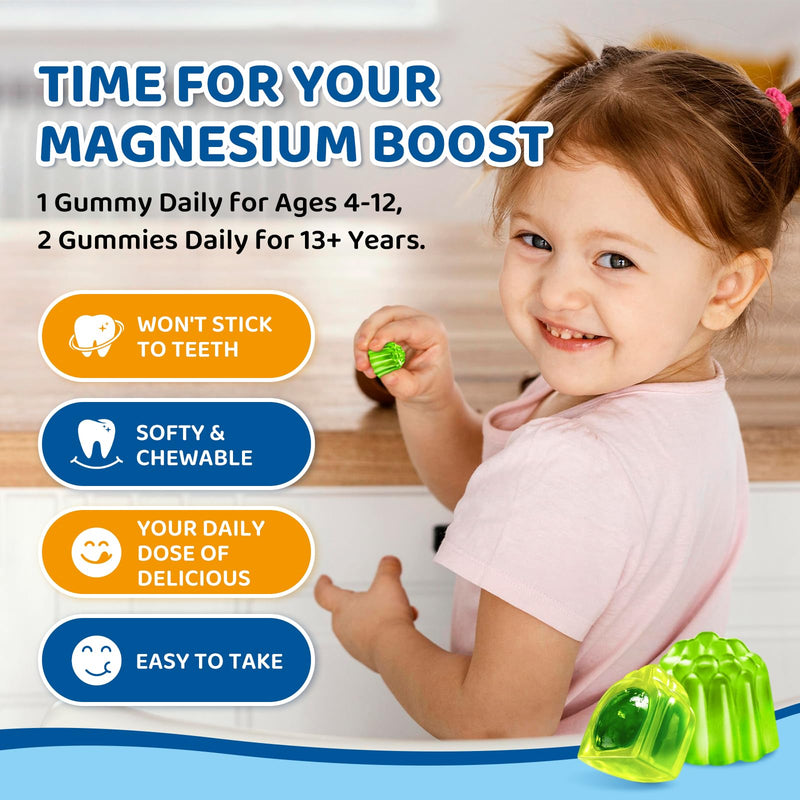 2PCS Center-Filled Magnesium Gummies for Kids 300MG - Magnesium Glycinate Gummies with L-theanine, Omega-3, Vitamin B6, D for Kids & Adults, Supplement for Sleep, Calm & Muscle Relaxation Apple & Kiwi 60 Count (Pack of 2)