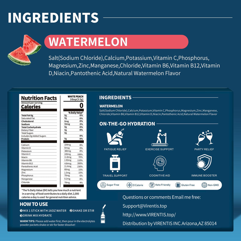 16 Sticks Electrolytes Powder Packets Sugar Free Hydration Packets Liquid Daily IV Electrolyte Drink Mix for Rehydration with 8 Electrolytes & 6 Vitamins, Low Sodium, Watermelon