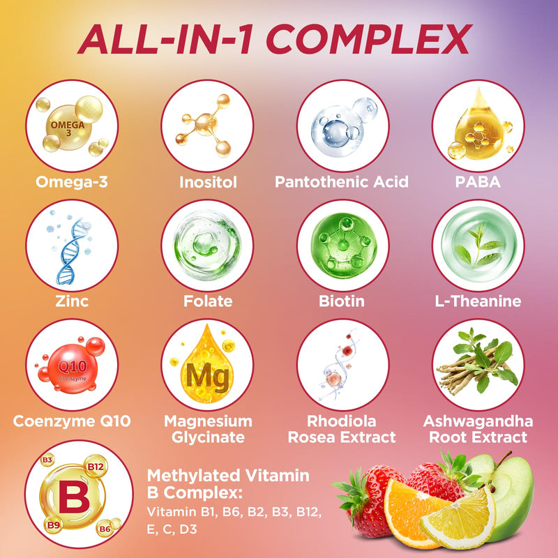 Methylated Vitamin B Complex Gummies for Women & Men with Vitamin B1, B2, B3, B5, B6, B7, B9, B12 & Magnesium, Omega-3, CoQ10, Supports Brain Health, Energy, Immune, Sugar Free, Fruit Flavor, 60ct Mixed Fruit 60 Count (Pack of 1)