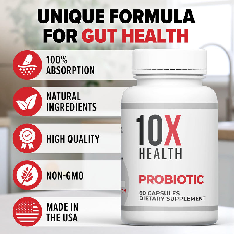 10X Health Probiotics for Men - 60 Capsules Immune Support Supplement & Probiotics for Digestive Health with Lactobacillus Rhamnosus, Acidophilus & Bifidobacterium Probiotic for Gut Health