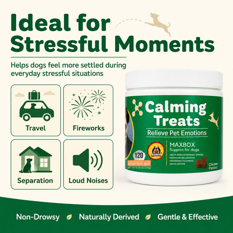 MAXBOX Calming Dog Treats, 100% Natural Soft Chews Reduce Stress, Reduce Stress, Fear, Separation, Barking, Hyperactivity, Reactivity, Aggression, Travel-120 chews