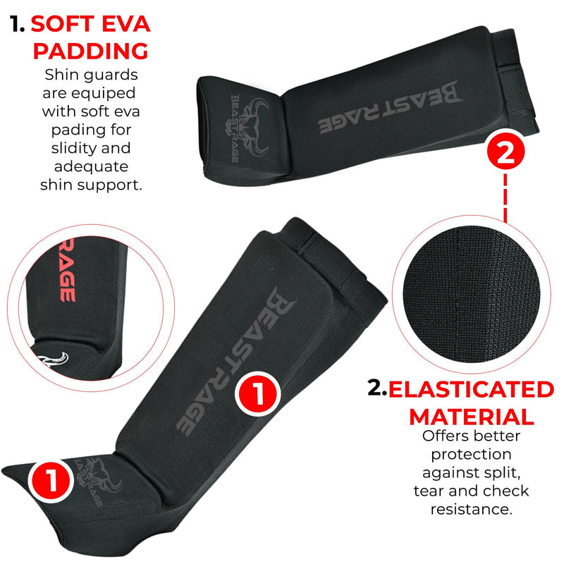 BEAST RAGE Shin Guards for Muay Thai, Kickboxing, MMA Leg Guards Martial Arts Taekwondo, Boxing, Elasticated Sock Padded Leg Instep Pads, Shin Pads,Sparring Training, Karate BJJ BLACK Medium