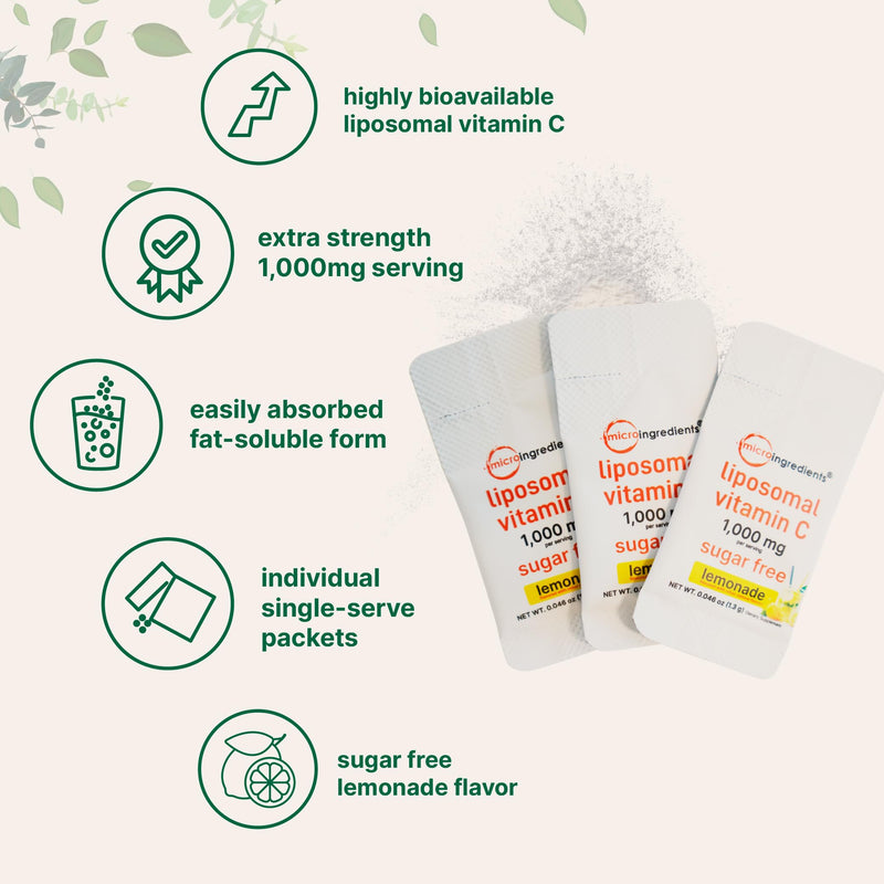 Micro Ingredients 1,000mg Vitamin C Powder Packets for Daily Immune Support*| Sugar Free Drink Mix | Liposomal Fat-Soluble Form for Better Absorption | 40 Travel Packets, Lemonade Flavor