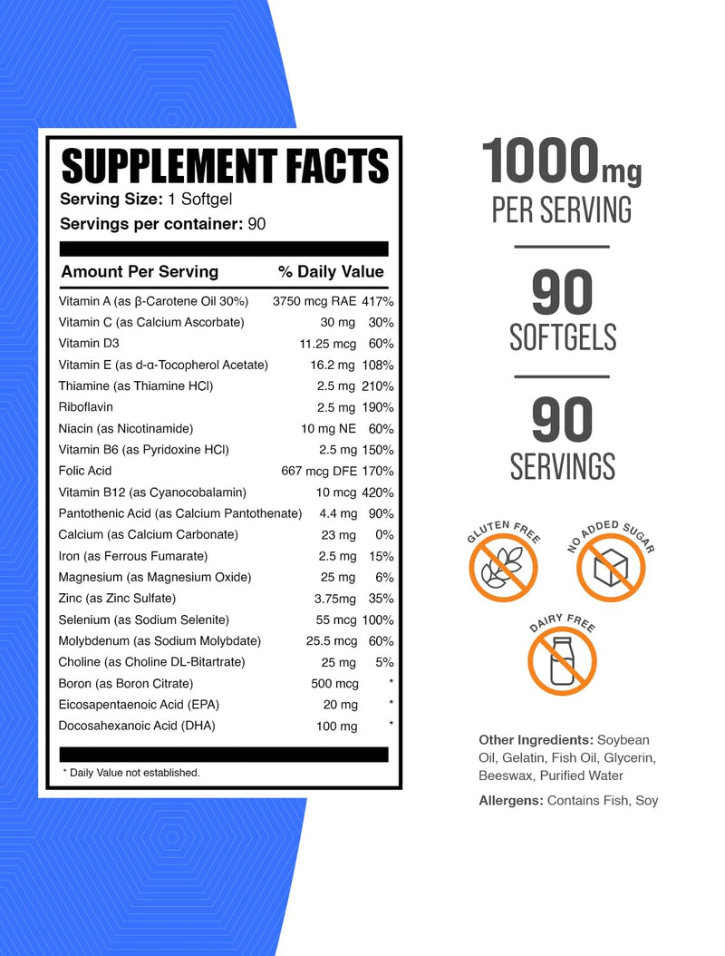 BulkSupplements.com Multivitamin Softgels - Daily Multivitamin, Multimineral Supplement, for Adults with Fish Oil - Gluten Free, 1 Softgel per Serving, 90 Count (Pack of 1)