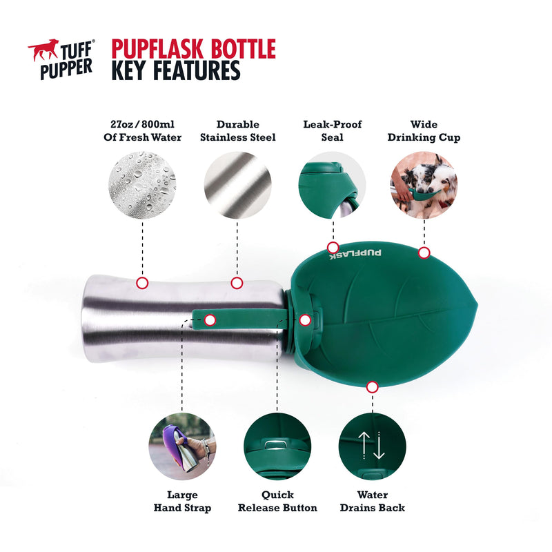 PupFlask Large Dog Water Bottle | 27 or 40 OZ Stainless Steel | Convenient Water Dispenser | Puppy Travel Water Bowl | Portable Pet Leak Proof Bottle Perfect Size For All Dog Breeds 27 Ounce Quetzal Green - BeesActive Australia