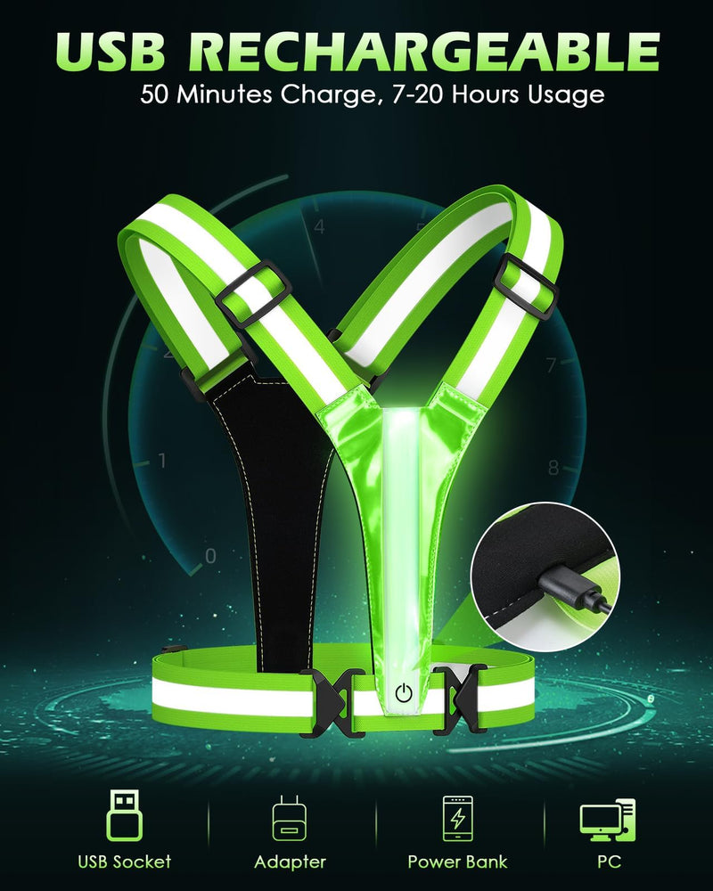 Zacro LED Reflective Vest Running Gear, 5 Lights Colors High Visibility Reflective Running Gear Rechargeable Light Up Running Vest for Walking Running Cycling, Adjustable for Men Women Kids Light Green 2