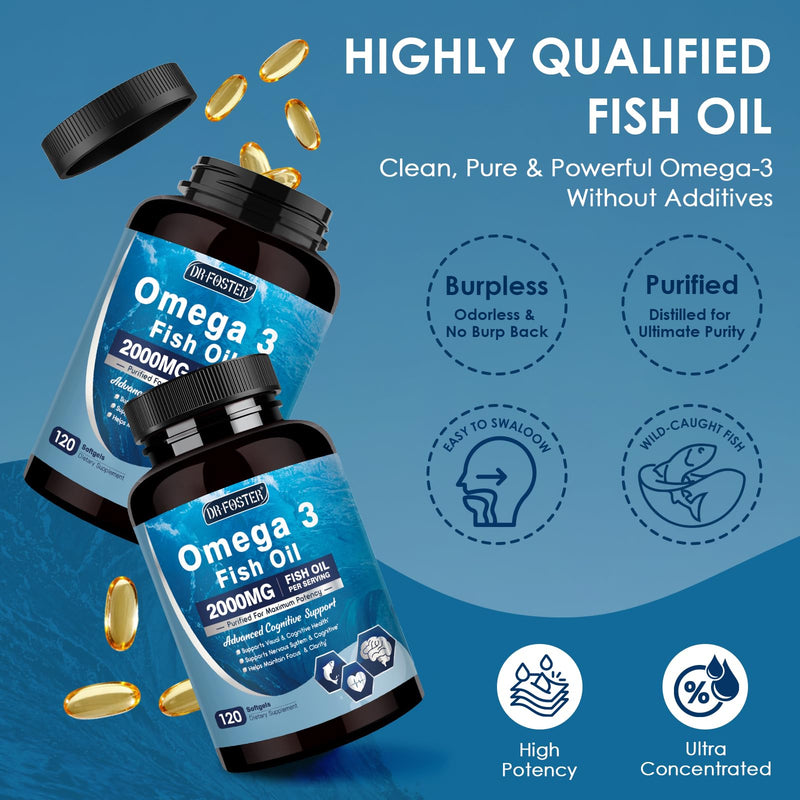 DRFOSTER Omega-3 Fish Oil 2000mg, 120 Softgels | Extra-Strength DHA + EPA, PS & Vitamin E, Brain, Cognition, Heart Health, Sustainably Sourced 120 Count (Pack of 1)