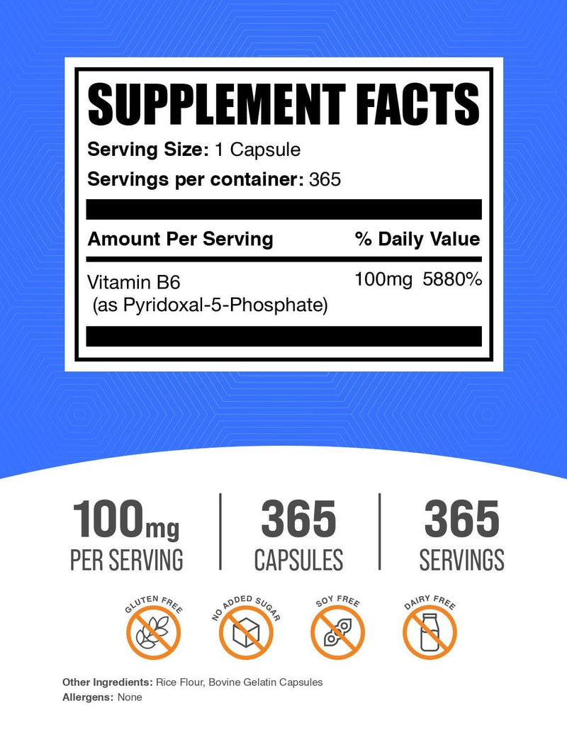 BulkSupplements.com Pyridoxal 5 Phosphate Capsules - P5P Supplement, Vitamin B6 Supplement - Essential & Gluten Free, 1 Capsule per Serving, 100mg Serving, 365 Count (Pack of 1)