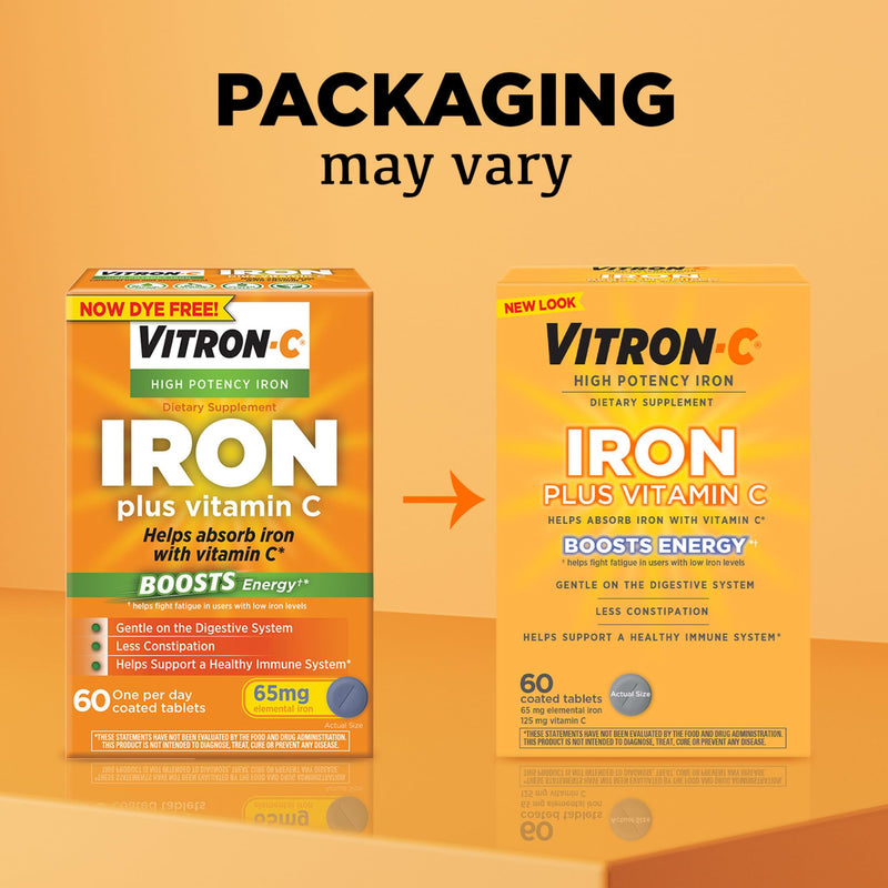 Vitron-C Iron Supplement, Once Daily, High Potency Iron Plus Vitamin C, Support Red Blood Cell Production, Dye Free Tablets, 60 Count, 2 Pack 60 Count (Pack of 2)