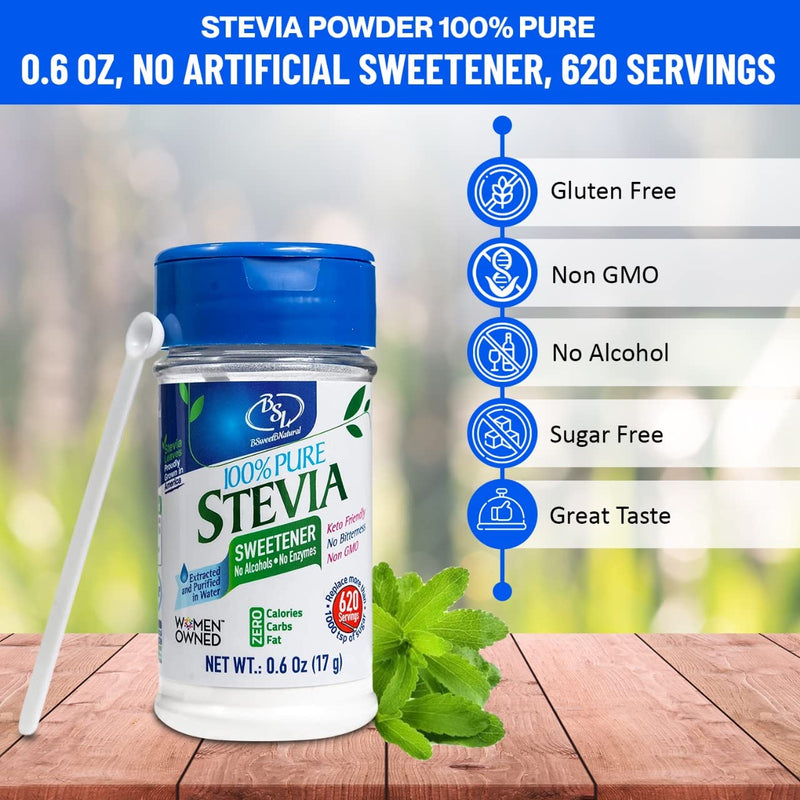 BSL 100% Pure Stevia Extract Powder Without Erythritol 0.6 Oz, No Artificial Sweetener, 620 Servings | Stevia No Erythritol | Zero Calorie & Keto Friendly, Pure Stevia Powder - BeesActive Australia