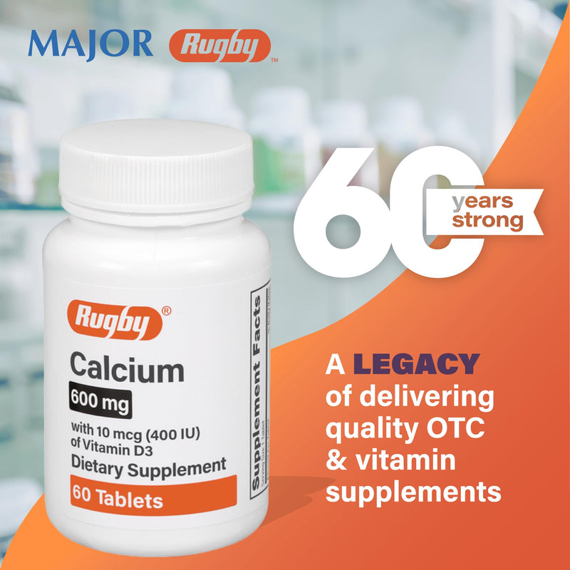 Rugby 600mg Calcium Tablets - Made with 10mcg (400 IU) of Vitamin D3 - Dietary Supplement - 60 Count