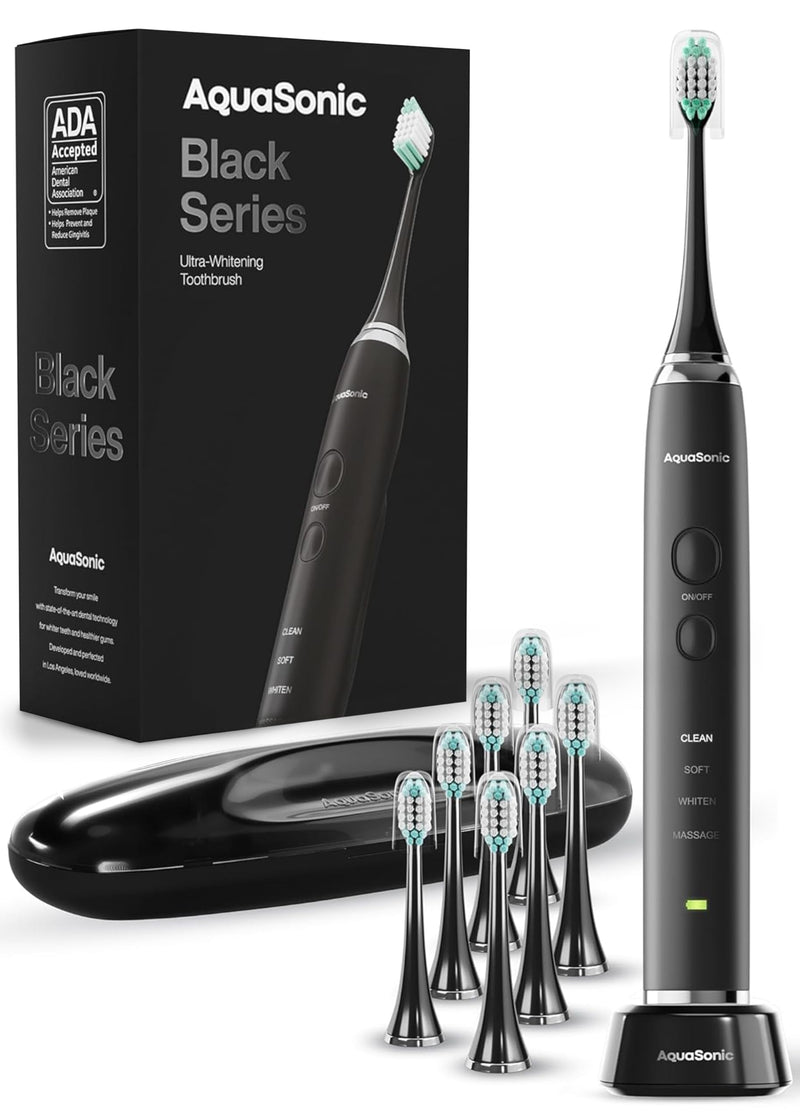 Aquasonic Black Series Ultra Whitening Toothbrush – ADA Accepted Electric Toothbrush- 8 Brush Heads & Travel Case – 40,000 VPM Electric Motor & Wireless Charging - 4 Modes w Smart Timer 1 Count (Pack of 1) - BeesActive Australia