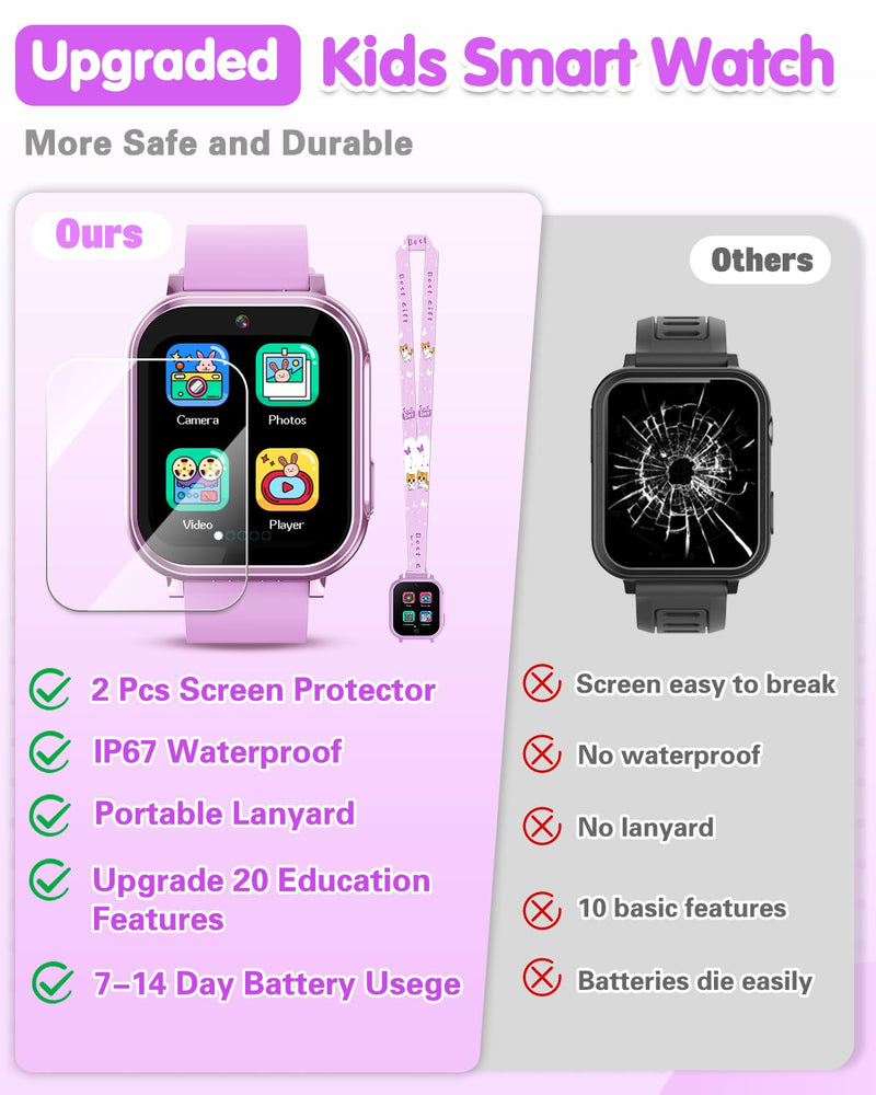 Kids Smart Watch Girls Gifts Age 3-12, Waterproof Watch for Kids with 32 Games, Dual Camera, Touch Screen, Alarm Clock, Music Player, Pedometer Birthday Gift Toys for Girls Ages 5 6 7 8 9 10 (Purple) PURPLE