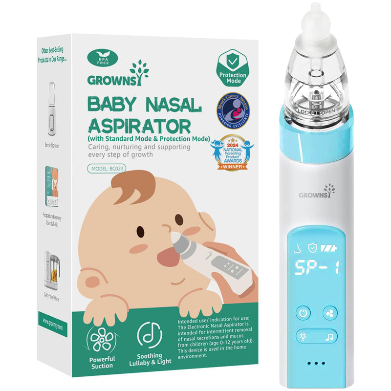 GROWNSY Nasal Aspirator for Baby with Protection Mode, Electric Nose Suction for Baby, Automatic Baby Nose Sucker with 3 Silicone Tips, Adjustable Suction Level, Music and Light Soothing Function Light Blue - BeesActive Australia