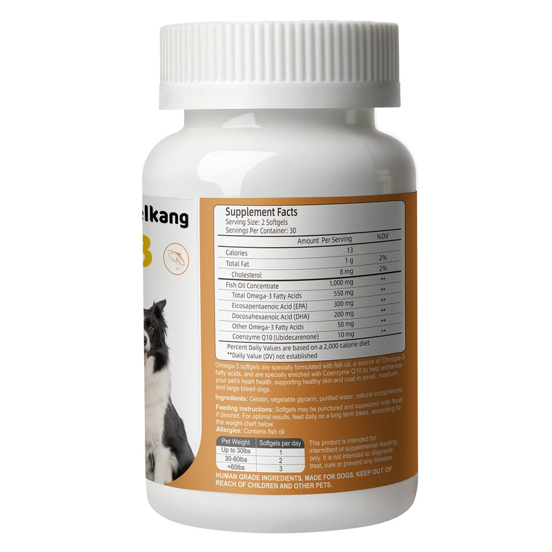 Fish Oil for Dogs-Promotes Heart, Skin, Coat, & Immune Health，Fish Oil containing EPA, DHA, and Coenzyme Q10, Suitable for All Dog Breeds， All Natural Supplement for Pets-60 Counts 1 bottle