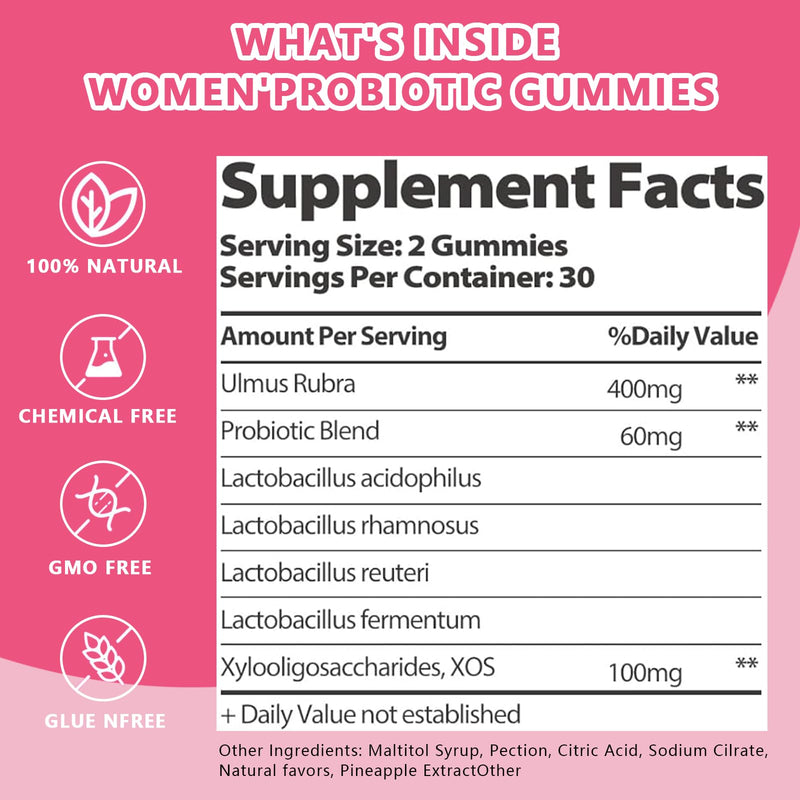Feminine Vaginal Probiotics Gummies, Supports pH Balance & Digestive Health, Slippery Elm for Women, Suagr-Free, Veagn, Pineapple Flavor, 60 Count Pink-60count
