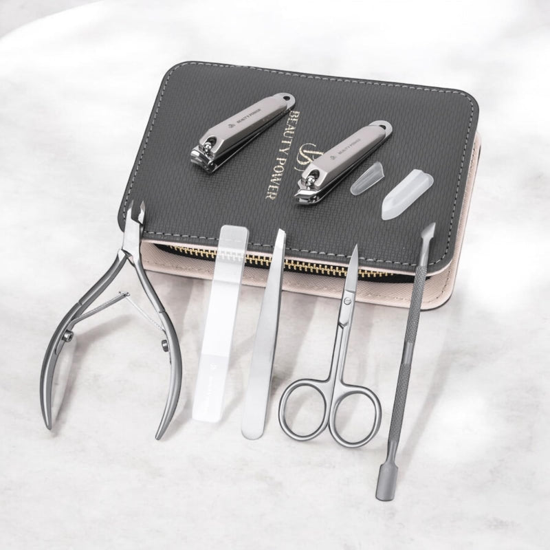 Beauty Power Manicure Pedicure Set 7-in-1 Stainless Steel, Ultra Sharp, Slanted Nail Clipper, Fingernail Clipper, Cuticle Nipper, Glass Nail File, Eyebrow Tweezers, Scissors, Case - Gift Idea - Gray Matte Gray