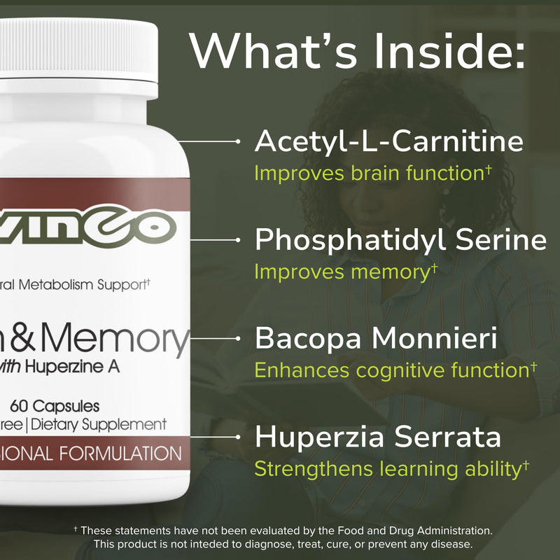 Vinco Inc - Brain & Memory Cognitive Support Daily Supplement | (60 Capsules) | Supports Focus, Memory & Processing | Made w/Amino Acids & Herbal Extracts | Gluten Free