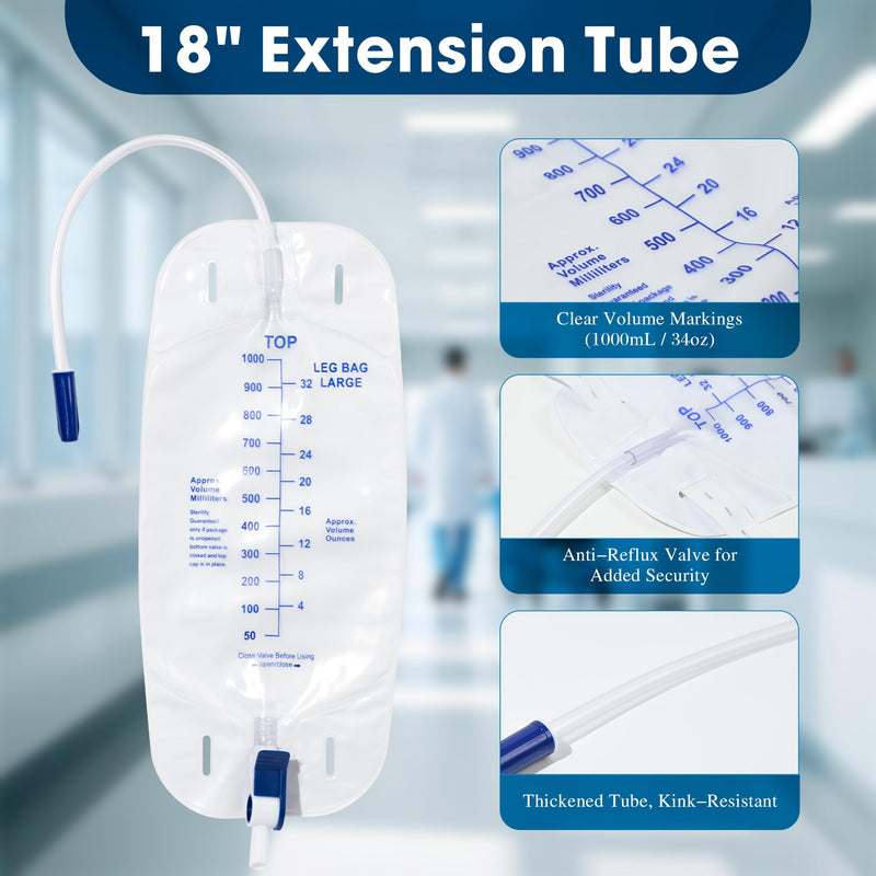 Urinary Drainage Bag 1000ml Catheter Leg Bag, 5 Pack Catheter Leg Bags for Men, Catheter Bags with Anti-Reflux Valve, Adjustable Cloth Straps, Easy Drainage Flip Design 5-pack 1000 mL