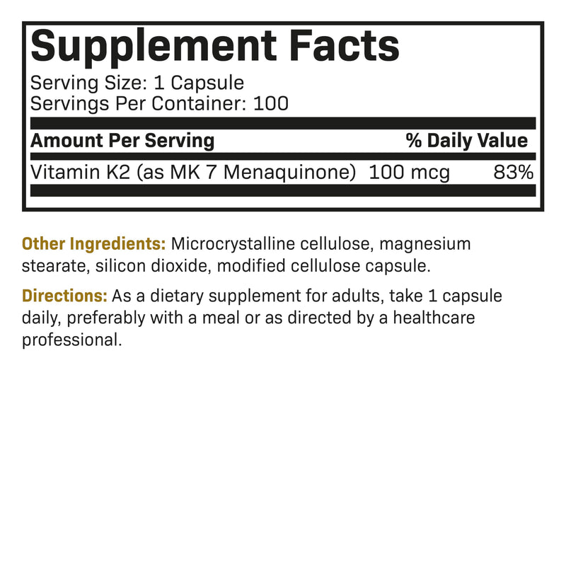 Futurebiotics Vitamin K2 as MK-7 100 mcg, Supports Strong Bones - Non-GMO, 100 Vegetarian Capsules 100 Count (Pack of 1)