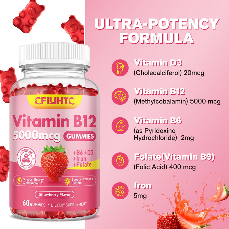 2 Pack Vitamin B12 Gummies for Women & Men, 5000mcg Methyl B12 Gummies with Vitamin B6, D3, Iron, Folate for Adults, Supports Energy & Metabolism Boost, Mood, Immune & Nervous System, Sugar Free Strawberry 60 Count (Pack of 2)