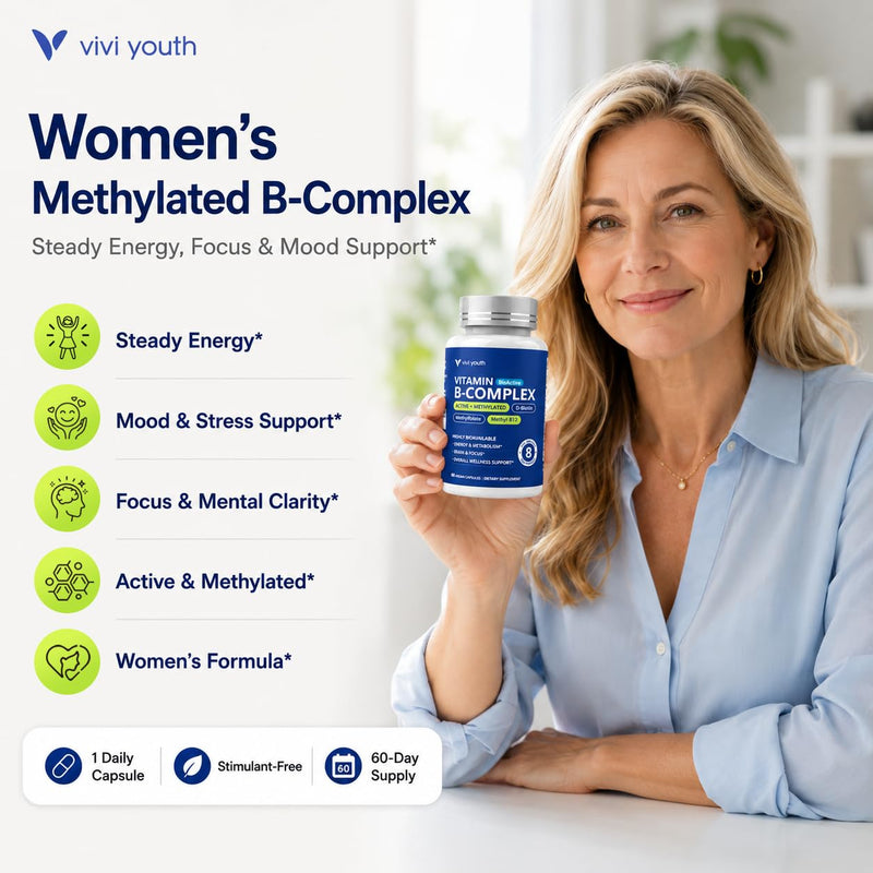B Complex Vitamins for Women - Methylated Vitamin B Complex | B Complex with methyl B12, 5-MTHF & B6 - MTHFR-Friendly, 2X Absorption for Energy, Focus & PMS Mood, Vegan, 60-Day Supply