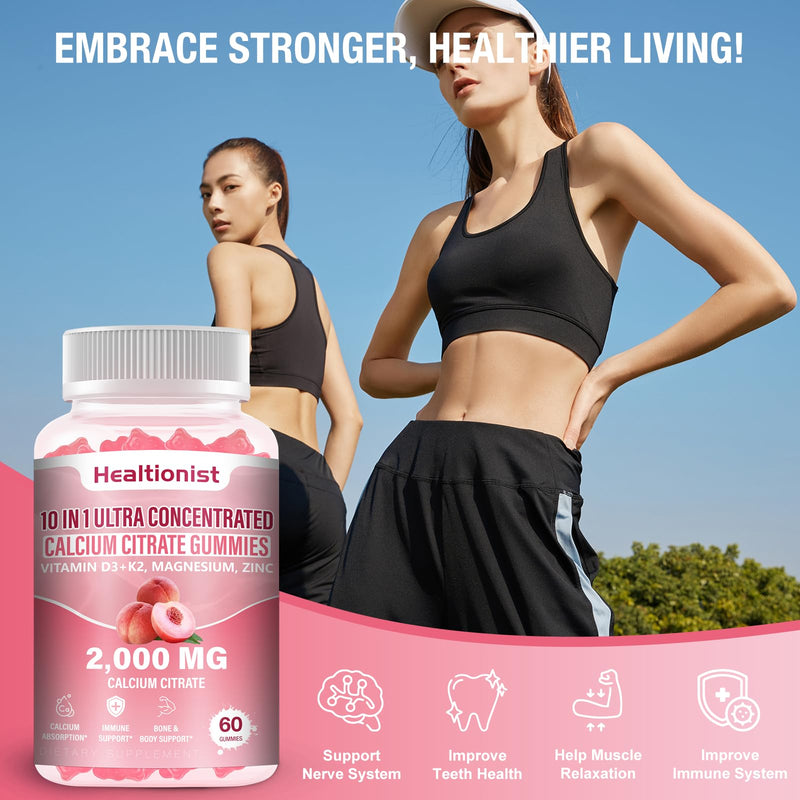 2 Packs 2000mg Calcium Citrate with Vitamin D3 K2 Supplements Gummies for Women & Men, Magnesium, Zinc, High Absorption, Bone, Muscle & Immune Support, 120 Counts Peach Flavor Gummies 60 Count (Pack of 2)