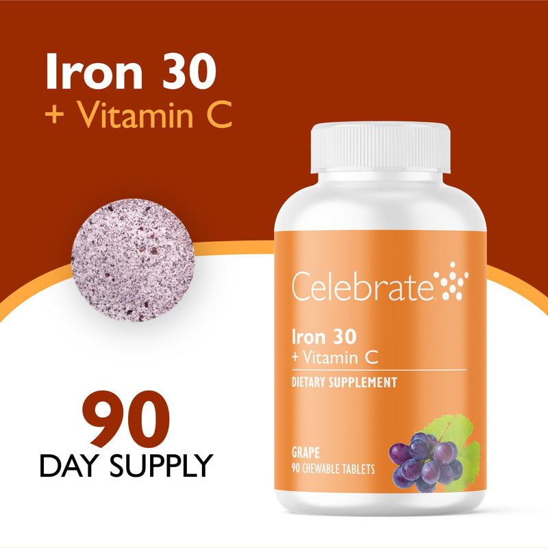 Celebrate Vitamins Bariatric Iron with Vitamin C, 30mg Iron, 90-Day Supply | 90-Chewable Tablets, Grape Flavor, 60mg Vitamin C, Once-Daily Bariatric Support After Surgery