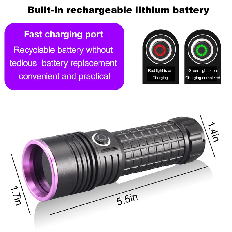 365nm Uv Flashlight,Black Light Flashlight Rechargeable Powerful,Pet Urine Detector Light for Dog Cat,Rock Hunting,Resin Curing,Looking for a Scorpion...(Batteries are Included) - BeesActive Australia