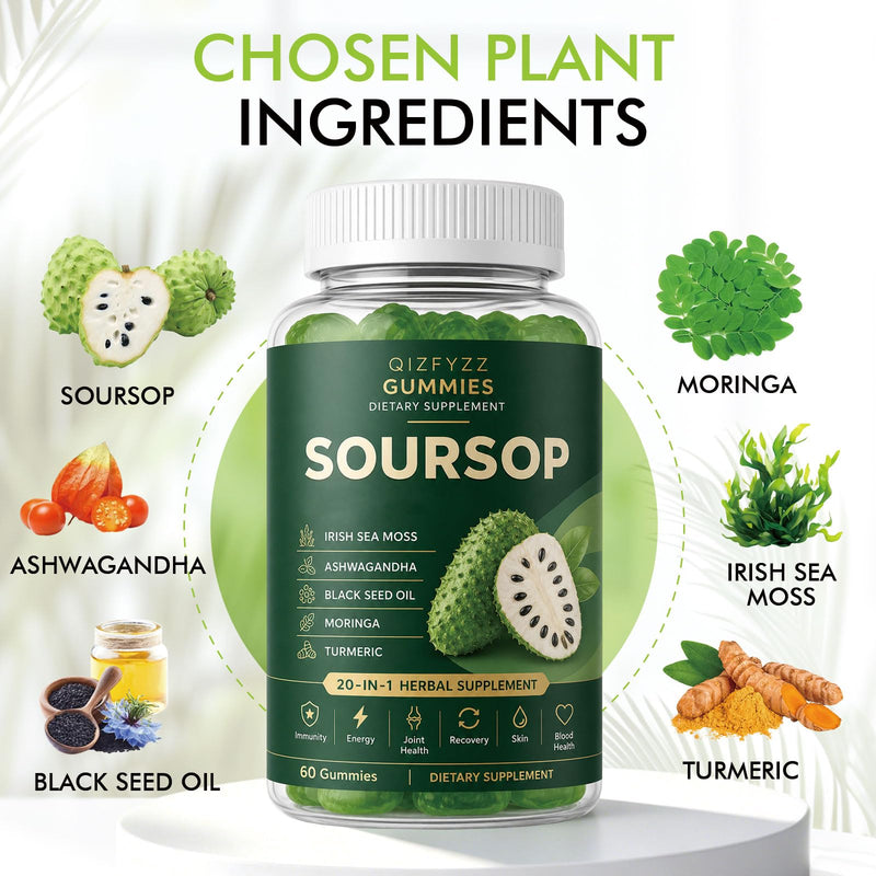 Qizfyzz Soursop Gummies, Antioxidant, Immune & Energy Support - 60 Gummies