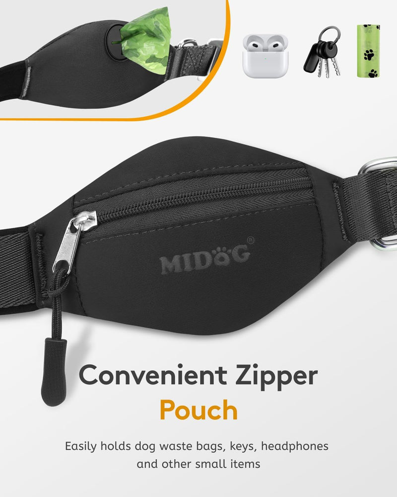 MIDOG Hands Free Dog Leash - Adjustable Length Waist Leash for Dog Walking,Multifunctional Runing Leash with Ziiper Pouch for Large Dogs,Black,4FT-7FT Black Hands Free Leash 4Ft-7Ft - BeesActive Australia