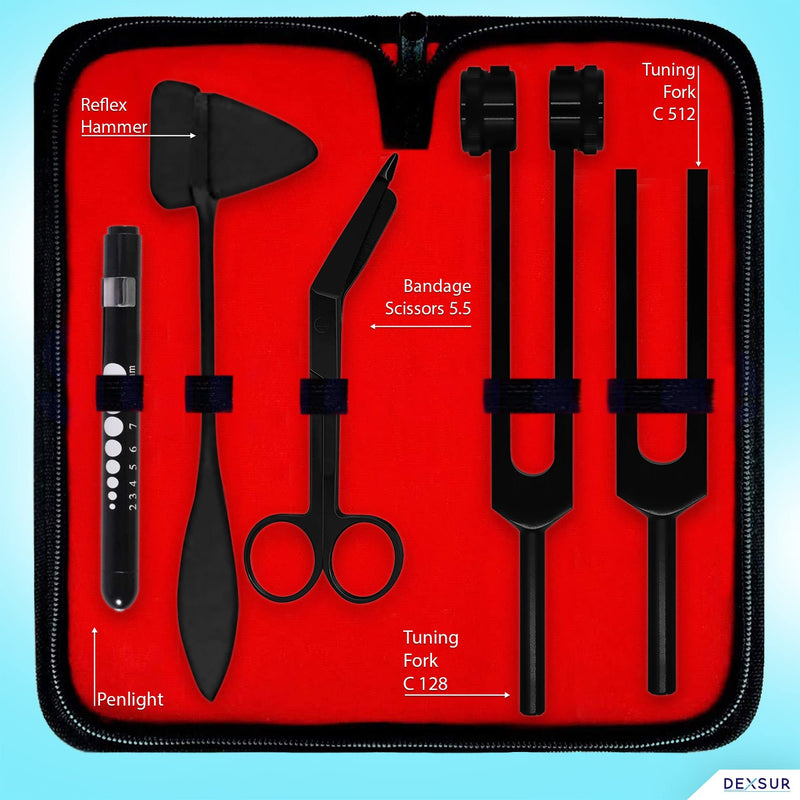 Diagnostics Kit - Percussion Taylor Reflex Hammer + C 128 & C 512 Tuning Forks + Bandage Scissors + Pupil Gauge Pen Light in Carrying Case - 6 Pieces Set - Full Black