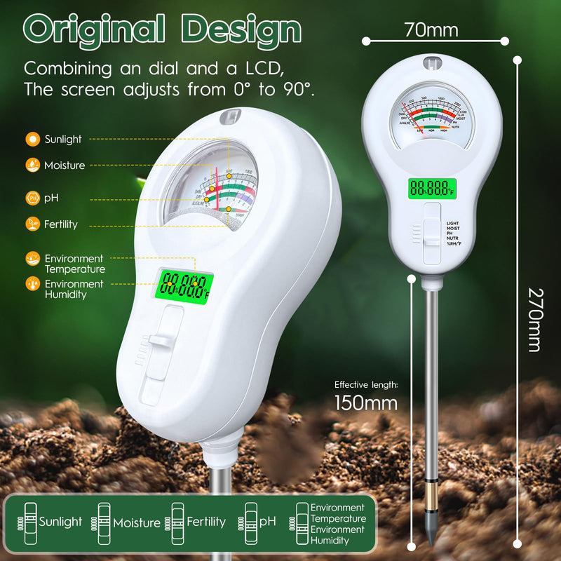 6-in-one Soil Test Kit-Soil Moisture Meter/PH Meter/Fertility/Sunlight Intensity Soil Tester, LCD Air Hygrometer&Temperature Moisture Meter for Plants-Garden, Lawn,Farm,3 Pack Detachable Probe 3 - BeesActive Australia