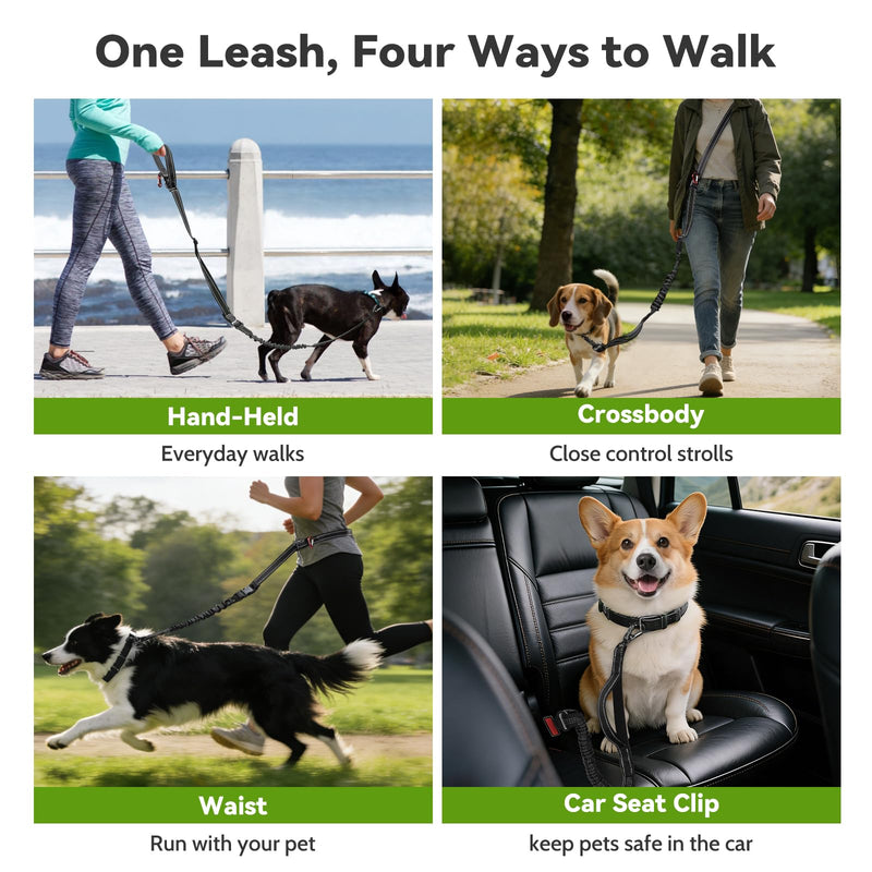 Hands Free Dog Leash 4-in-1, Adjustable 4–6 ft Waist & Crossbody Leash with Seat Belt Clip & Poop Bag Holder, Reflective & Heavy-Duty for Running, Walking, Hiking, Training Black