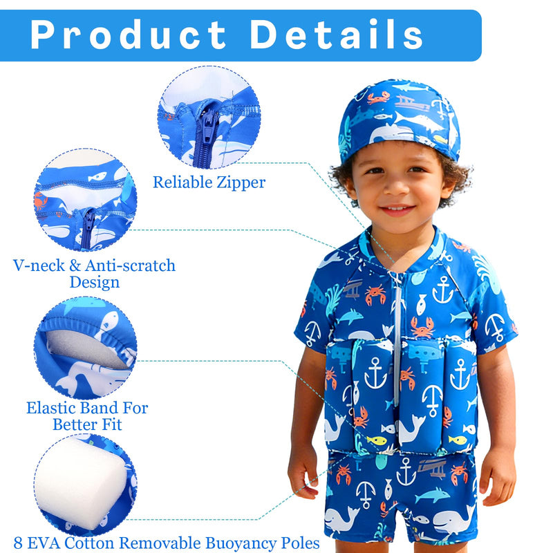 Baby Toddler Girls Boys Float Suit One Piece Rashguard Cartoon Short Sleeve Zip up Buoyancy Swimsuit +Cap 1-2T Blue