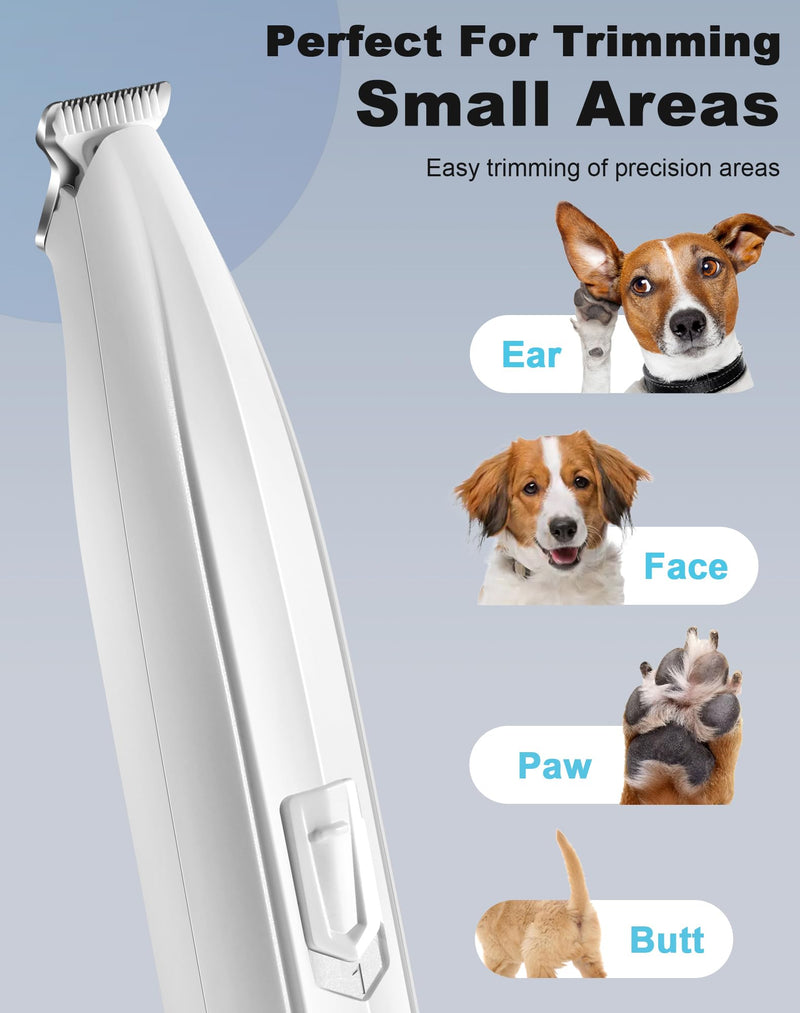 Dog Paw Trimmer for Grooming, Cordless Rechargeable Dog Clippers with Widened Blade, Low Noise Electric Cat Precision Shaver for Small Pet's Hair Around Eyes, Faces, Ears, Paws, Rump(White) White - BeesActive Australia