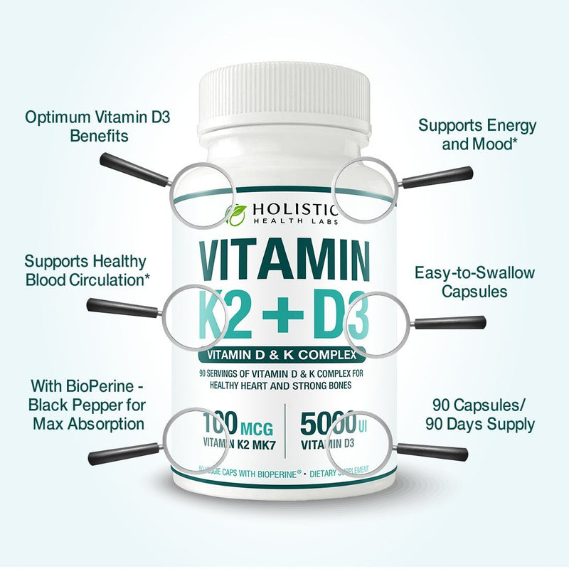 Max Absorption Vitamin K2 + D3 (5000IU) 90 Veggie Capsules From MK-7 (Menaquinone-7) and Cholecalciferol (With BioPerine) 3-Months Supply – D3 with K2 For Healthy Heart and Strong Bones | Non-GMO