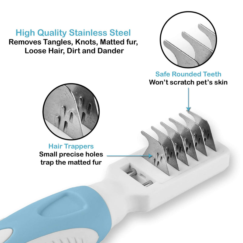Pets First Professional Pet Mat Remover - Dematting Tool for Grooming Cats & Dogs - Removes Matted Fur, Tangles, Knots, Loose Hair & Dirt - Stainless Steel, Gentle Teeth, Soft Comfort Grip Handle,Blue - BeesActive Australia