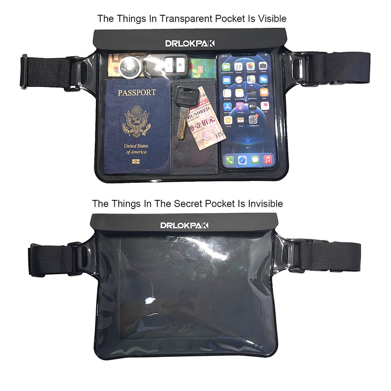 DRLOKPAK Waterproof Waist Pouch Fanny Pack Bum Bag Hip Pouch for Swim Surf Sail Snorkel Kayak Beach Pool to protect Wallet Passport Phone watch eReader mini tablet Dry (Black) Black