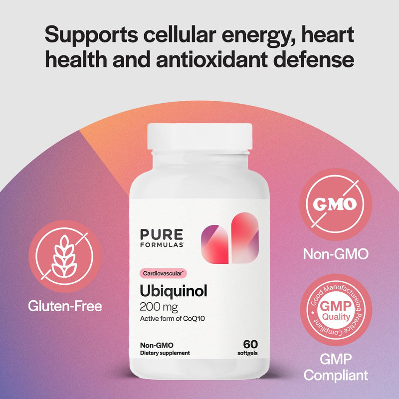 PureFormulas Ubiquinol 200mg for Heart Health & Cellular Energy, Active CoQ10 Form, Enhanced Absorption with MCT Oil, Non-GMO & Gluten-Free - 60 Softgels