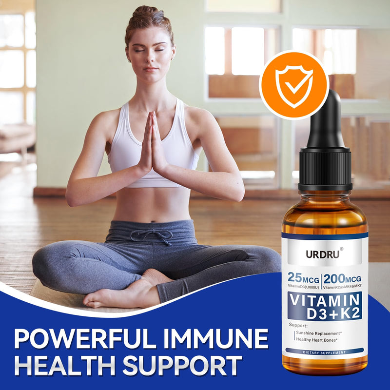 (2 Pack) Vitamin D3 K2 Liquid Drops - 2 Fl Oz Max Absorption 1,000 IU D3 & 200mcg K2 Drops for Immune & Mood, Bone & Teeth Health - 60ml
