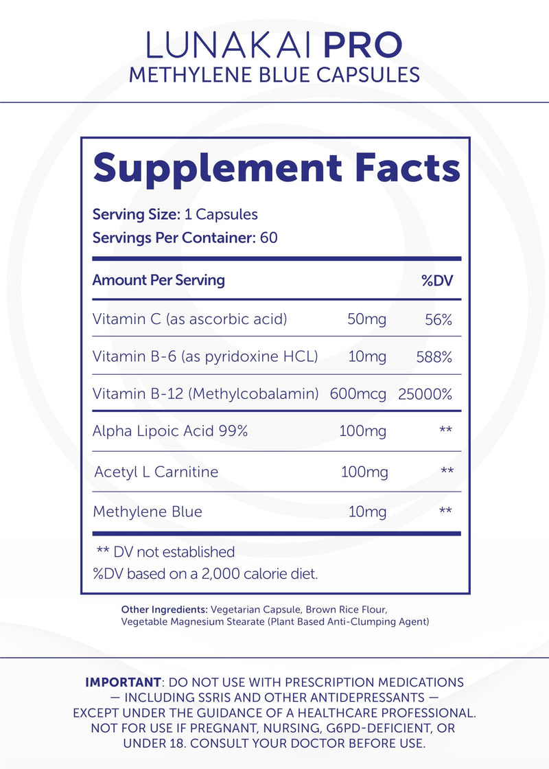 Lunakai USA Made USP Grade Methylene Blue Capsules with Vitamin C, B6, B12 – 3rd-Party Tested Daily Wellness Support Supplement, 60ct