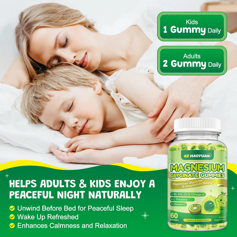 Magnesium Glycinate Gummies for Kids & Adults - Sugar Free Magnesium Malate with L-Theanine, Omega-3, Vitamin D3, B6, B12, C- Sleep, Calm, Relaxation, Brain, Bones, Green Apple & Kiwi, 60ct (2 Pack) Green Apples and kiwis 60 Count (Pack of 2)